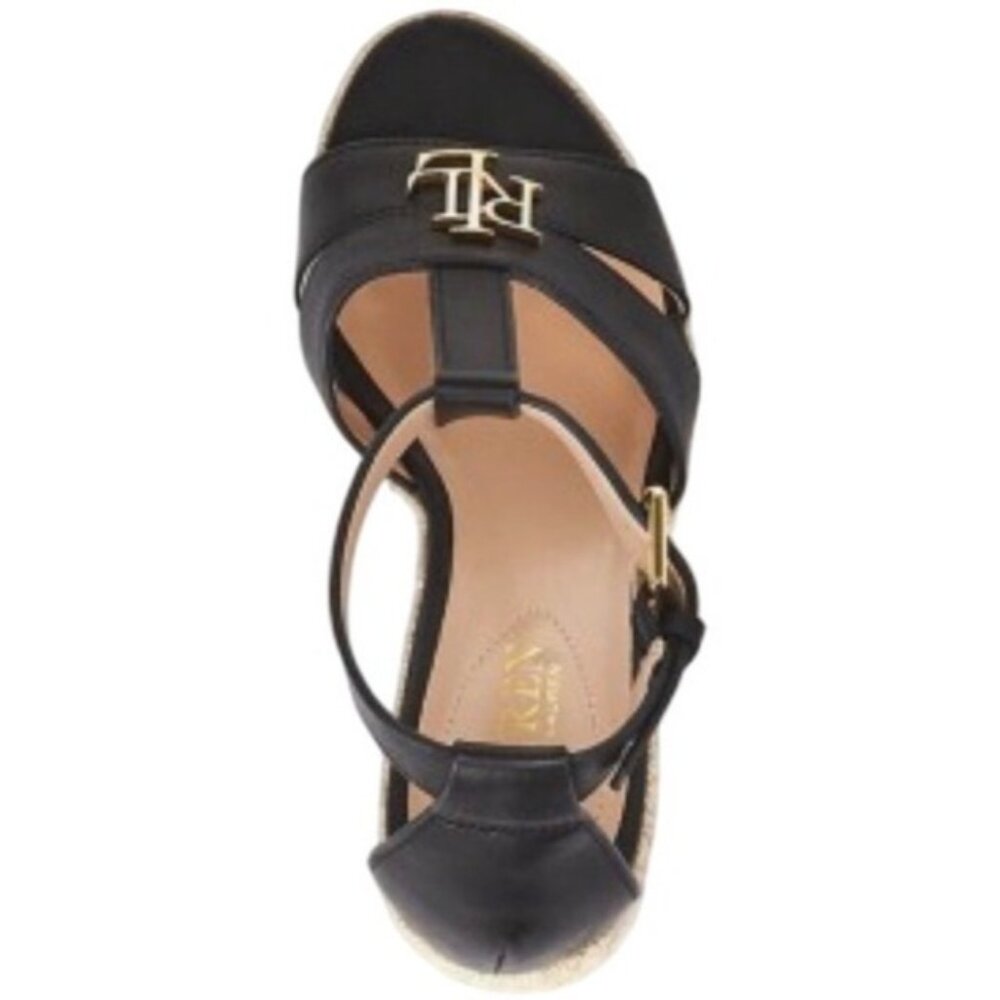 Ralph Lauren Hale Black Leather Espadrille Wedge Sandals Size 8.5 Buckle LRL - Picture 2 of 10